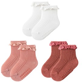 Townus 3 Pairs Baby Girls Socks Non Slip Newborn Ruffle Baby Sock for Toddler Infant Grippy Ankle Princess Dress Socks (US, Age, 0 Months, 12 Months, 3, White Pink Peach)
