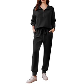 PINSPARK 2 Piece Outfits for Women 2024 Fall Travel Outfits Long Sleeve Tracksuit Lounge Sets Half Zip Sweatsuits Joggers Sets with Drawstring,Black XX-Large