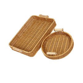 Woven Rattan Baskets Tray Set, Rectangular and Round Baskets with Wooden Handles, 2-Piece, Natural - Perfect for Serving Fruit-Produce, Vegetables-Produce, Food, Storage, Picnic, and Home Decoration