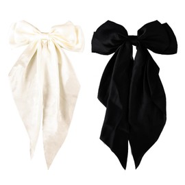 2 Pieces Large Hair Bows Hair Clips with Big Bow Silky Satin Elegant Black and White Hair Clips for Long Thick or Curly Hair for Women and Girls