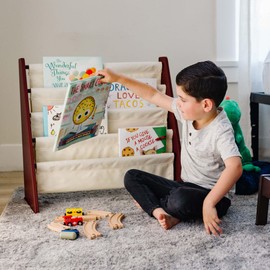 Wildkin Kids Premium Canvas Sling Bookshelf for Boys & Girls, Wooden Design Features Four Fabric Shelves, Keep Bedrooms, Playrooms, & Classrooms Organized, Measures 25 x 24 x 11 Inches -Cherry w/Tan
