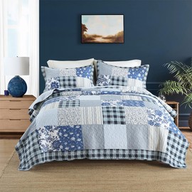 camandy Cotton Bedspread Quilt Bedding Sets 3 Pieces Reversible Coverlet Sets Comforters Rustic Floral Patchwork Blue White Bedspread, Queen Size