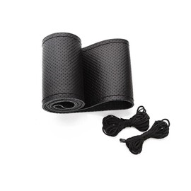 Direct Genuine Leather Steering Wheel Cover, Stitch On Wrap, Breathable Cowhide Steering Wheel Wrap, Standard Size 15 Inch, for Car Truck SUV Pickup Boat, DIY Sewing with Needle Thread,