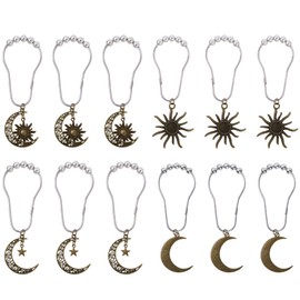Wasise Shower Curtain Clips - 12PCS Sun Moon Star Shower Curtain Hooks, Metal Rings with Celestial Designs, Easy Glide Roller Balls Bath Rings for Window Bathroom Accessories, Clip Hooks for Curtains