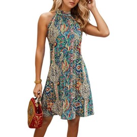 AIMITAG Cute Floral Print Pleated Dress for Women Summer Sleeveless Halter Neck Dresses Boho Tropical Ruffle Sundress(Medium,Multicolour)