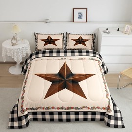 Western Texas Star Kids Comforter Set Queen Size,Cowboy Flowers Rustic Farmhouse Bedding Set,Girls Boys Adults Room Decor,Geometric Grids Patchwork Down Comforter,Retro Duvet Insert,2 Pillowcases