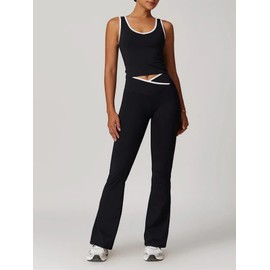 XZLUFNY Gym Clothes for Woman Sleeveless V Neck Color Block Yoga Sport Top and High Waisted Gym Bell Bottoms Black S