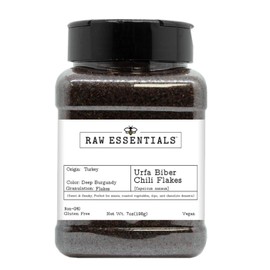 Raw Essentials Urfa Biber Chili Flakes – Sweet & Smoky – Used to flavor Meats, Roasted Vegetables, Dips, and Chocolate – Non-GMO, Gluten Free, & Vegan - 7 Ounce Bottle