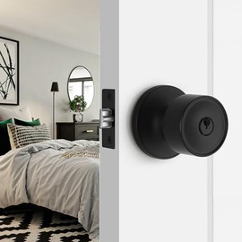 Butimu Flat Ball Interior Door Knob with Lock, Keyed Entry Door Knob, Round Interior Door Knob in Matte Black, Door Knobs with Lock and Key, for Exterior/Interior Door Handles for Bedroom or Bathroom
