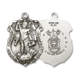 Bliss Sterling Silver Saint Michael Air Force Medal Pendant Necklace 24" Chain GiftBox
