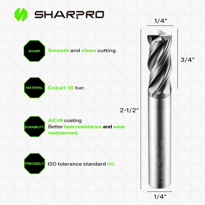 SHAPPRO 1/4 Inch Shank Carbide Square End Mill, 4 Flute