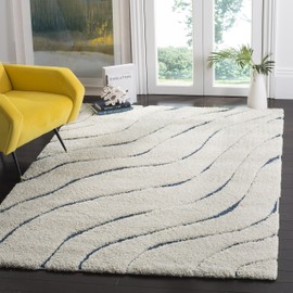 SAFAVIEH Florida Shag Collection SG472 Abstract Wave Non-Shedding Living Room Bedroom Dining Room Entryway Plush 1.2-inch Thick Area Rug, 5'3" x 7'6", Cream / Blue
