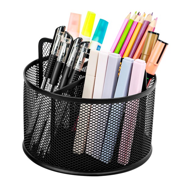 Godneei Desk Organiser, 360-Degree Rotating Pen Holder, Round Metal Mesh