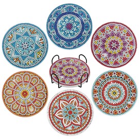 Mandala Drink Coasters with Holder,Set of 6 Funny Coasters with Diamond Art Painting,Natural Wooden Coaster for Tabletop Protection,Alcohol Gifts,Home Apartment Office Bar Decor