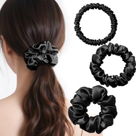 IRIYULI Silk Hair Elastic Scrunchies, 3 Set, 0.4 + 0.8 + 1.4 inches (1 + 2 + 3.5 cm), Black, Natural Silk, Hair Elastic, Anti-Static and Gentle on Hair, No Traces, High Elasticity, Stylish, Adult Women, Hair Accessories, Mother's Day, Gift