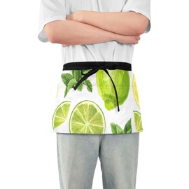 Aflyko Waist Apron Lemon Lime Green Leaves Short Waitress Server Apron Chef Half Apron Waiter Bartender Waterproof 3 Pockets Apron for Garden Kitchen Restaurant