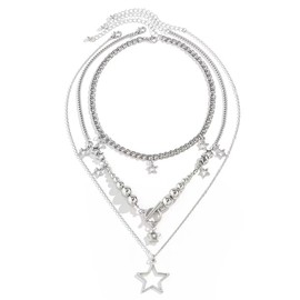 Azusa Sun 3 Pcs Silver Star Chain Necklace Set Pentagram Pendant Necklaces Punk Y3K Grunge Jewelry Gifts for Women