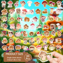 TIESOME Pack of 60 Cute Mushroom Stickers, Mushroom Sticker Set, Waterproof Vinyl Stickers, Beautiful Stickers for Laptop, Skateboard, Journal, Cups, Bicycle, Scrapbook, Suitcase, Motorcycle Helmets