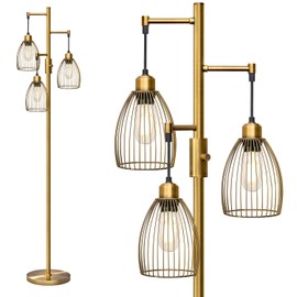 Dimmable Floor Lamp, Industrial Floor Lamps for Living Room, Antique Brass Tree Lamp Standing Lamp Tall Lamps with 3 Elegant Teardrop Cage Head & 800 Lumens LED Bulbs for Living Room Bedroom Office