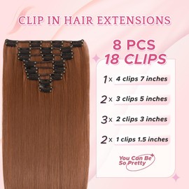 SEGO Pro Clip in Hair Extensions 8 Pcs 18 Clips Full Head Synthetic Fiber Hair Pieces for Women, Straight 23 Inch (Light Auburn)