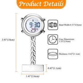 JewelryWe Nurse Watch Digital Pocket Watch with Clip, Electronic Digital Watch, Multifunctional Doctors Nurse Watch, Work Watch with Calendar, Alarm, Stopwatch, silver