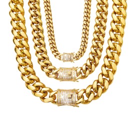 WinTrend Cuban Link Chain Necklace or Bracelet with Bling Bling Cubic Zirconia Iced-Out Clasp for Men 8mm/10mm/12mm/14mm/18mm 18K Gold Stainless Steel Hip Hop Miami Curb Chains 8-30 inch, Cubic