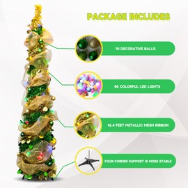 5FT Pop-Up Christmas Tree with 10-inch X 1.6 Feet Metallic Mesh Ribbon, Multi-Color 50 LED String Lights，10 Decorative Balls for DIY, Ideal for Indoor/Outdoor Christmas Decoration