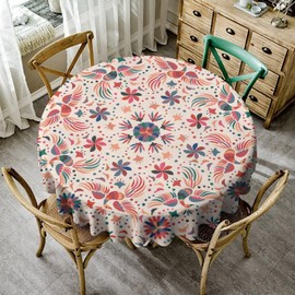 JanJCurt Beige Mexican Tablecloth, Boho Style Ethnic Flower Bird Print Retro Colorful Mexican Table Cloth for Kitchen Party Picnic Dining Decor, Round(36x36in)
