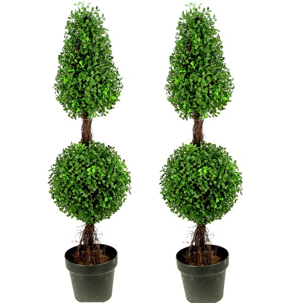 Admired By Nature Aritificial Double Ball,Shaped Boxwood Topiary In Plastic Pot, Green (GTR4634-NATURAL-2)