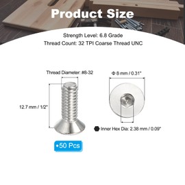 PATIKIL #8-32 x 1/2 Inch Flat Head Socket Cap Screws, 50 Pack 304 Stainless Steel Flat Countersunk Bolts Hex Socket Drive Machine Screws Full Thread Coarse Thread UNC Grade 6.8