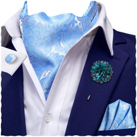 Hi-Tie Ascot Lapel Pin Set Mens Cravat Ties for men Wedding Scarf Tie Party Business Formal Tuxedo,Light Blue Paisely