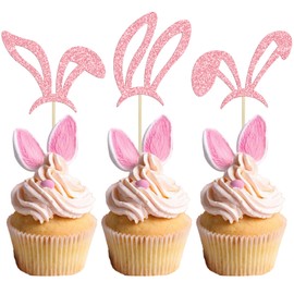 Ephlyn 24 Pcs Happy Easter Cupcake Toppers - Glitter Bunny Ear Cupcake Picks for Spring Theme Baby Showers & Kids Birthday Parties - Pink