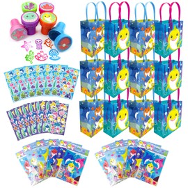 Tiny Mills Shark Family Birthday Party Assortment Favor Set of 108 pcs (12 Large Party Favor Treat Bags with Handles, 24 Self-Ink Stamps for Kids, 12 Sticker Sheets, 12 Coloring Books , 48 Crayons)
