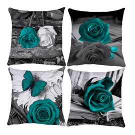 QUALKNOY Set of 4 Cushion Covers 18"x18" Teal Green Flower Linen Modern Art Decorative Throw Pillow cases 45 x 45cm for Living Room Sofa Outdoor Pillowcases