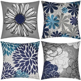 18x18 Decorative Pillow Covers HADEEONG Set of 4 Blue and Grey Throw Pillow Covers Modern Daisy Farmhouse Cushion Covers for Couch Sofa Bed Outdoor Decoration(Blue,18x18in)