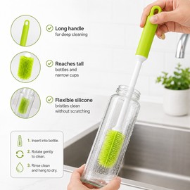 Silicone Bottle Cleaning Brush for Kitchen Use – Long-Handle 360° Scrubber for Cups, Coffee Mugs, Bottles & Narrow Jars
