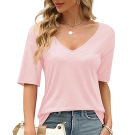 Sherosa Summer Tops for Women Casual V Neck Cotton Short Sleeve Solid Color Shirts Pink L