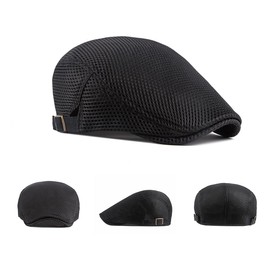 Folmywy Men Mesh Flat Cap Adjustable Newsboy Hat Breathable Soft Thin Ivy Cap Summer Beret Hat Casual Classic Fit Cabbie Driving Outdoor Cycling Fishing Golf Black