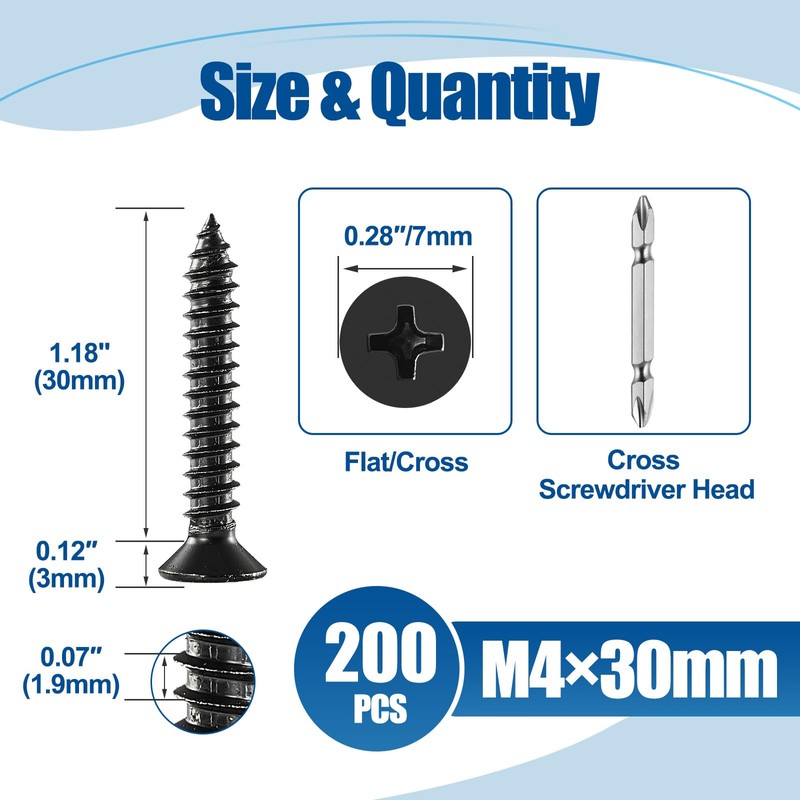 ANCHOREASE M4×30mm Wood Screw 200Pcs, Black Carbon Steel Self Tapping