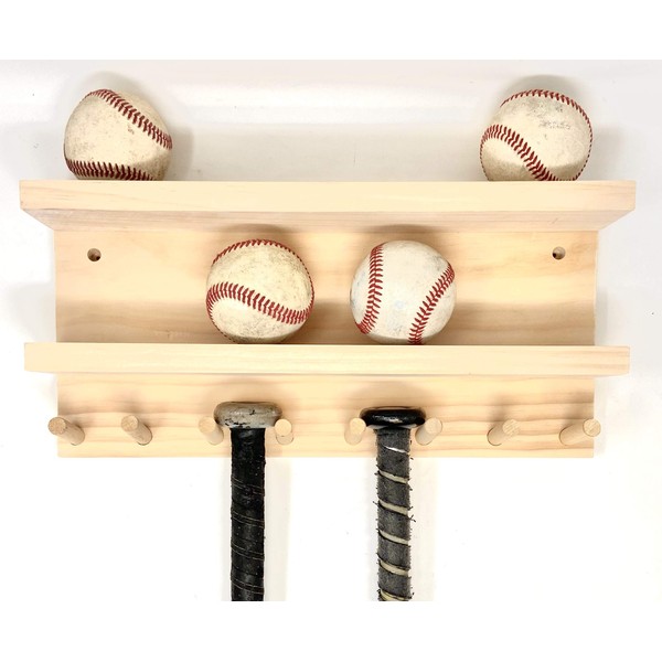 Full Size Baseball Bat Rack Display Case 4-7 Bats 8 Balls Natural Finish Wall Mount