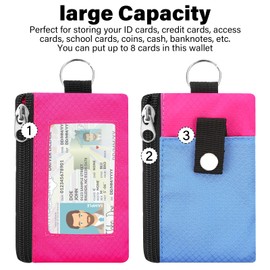 FORYEE Minimalist RFID Blocking Wallet with 2 Zip Pockets and Lanyard, Water Resistant ID Case with Key Ring and Cards Badge Holder, Coin Purse Pouch for Men and Women Travel Sports -BU+ROSE