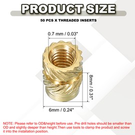 PATIKIL Threaded Inserts M4x8x6mm, 50 Pcs Brass Heat Set Insert Female Threaded Inserts Metric Knurled Nuts Embedment Nut for Plastic and 3D Printing Components, Gold