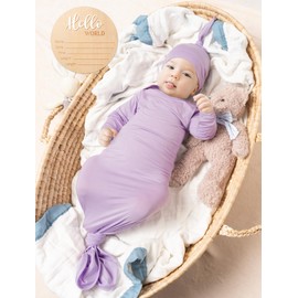 Newborn Knotted Gown Baby Girl Boy Sleepers, Coming Home Outfit 0-3 Months, Soft Nightgown Clothes with Wooden Hello World Sign Dark Blue