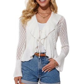 GRACE KARIN Women's Cardigan Long Sleeve V-Neck Elegant Lightweight Cardigan Bolero Jacket Cardigan with Tie Front, White