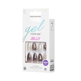 Gel Fantasy Jelly Floral Jelly Nails - 28 Medium Length Almond-Shaped Sculpted Nails with Gold Accents