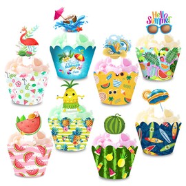 48 unidades de adornos hawaianos para cupcakes de Luau, adornos tropicales hawaianos para cupcakes con forma de flor de flamenco y fruta para suministros de fiesta de verano