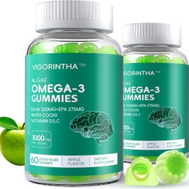 2 Pack Vegan Omega 3 Gummies 1000mg with Coq 10, Vitamin D3,E,C,Omega 3 Fish Oil Alternative for Adults, Plant Based DHA 550mg & EPA 275mg for Brain, Mobility, Eye, Sugar Free, 120 Count