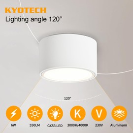KYOTECH LED Surface-Mounted Spotlight, 3000 K Ceiling Spotlights, Matt White, 6 W, 550 lm, GX53 LED Surface-Mounted Spotlight, Diameter 95 x 55 mm, Surface-Mounted, 230 V Surface-Mounted Light,