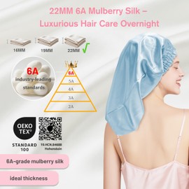townssilk Silk Bonnet for Sleeping, 100% 22 Momme Mulberry Silk for Women, Luxurious, Breathable, Sits Safe Overnight & Pressure Free, Ideal for Long & Curly Hair - IceBlue 58cm