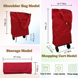 Vikooyes Foldable Shopping Bag With Wheels Large Reusable Collapsible Shopping Cart Grocery Cart Bag Rolling Tote Bag With Wheels(Red,X-Large)